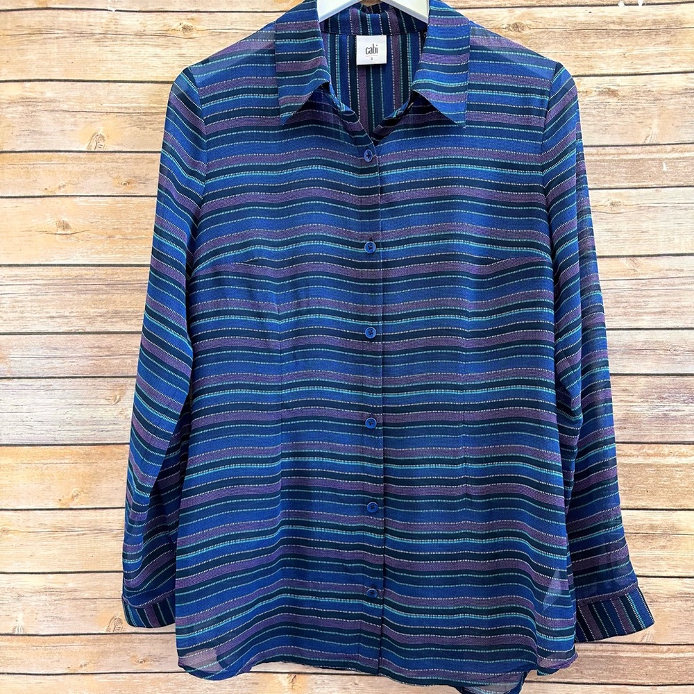 CAbi Alex Blouse Women’s Size Small Blue Button Down Stripe Sheer Style 3330